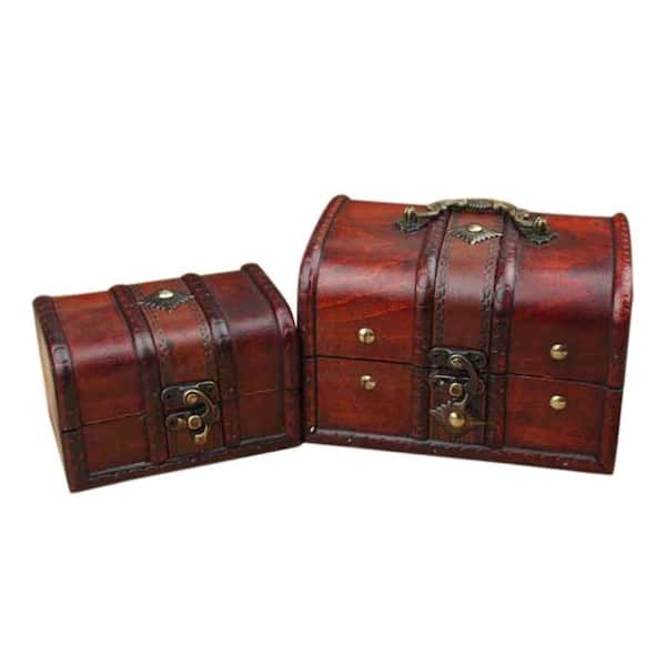 Afoxsos Brown 2 pcs. Antique Vintage Handmade Wood Jewelry Box (L - 6.3 x 4.6 x 4.1 in./S - 4.7 x 3.1 x 3.1 in.)
