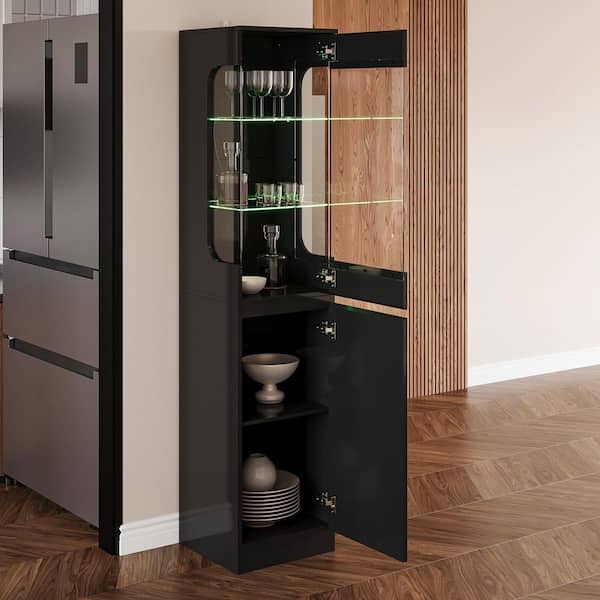 Black Mirrored Finish 70.8 in. H Accent Storage Cabinet, Sideboard, Wine Cabinet with LED Light, 5 Shelves & Glasss Door