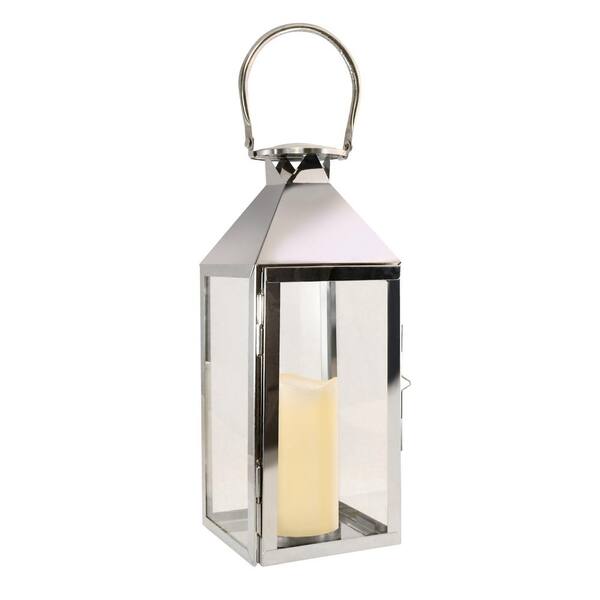 LUMABASE 15 in. Chrome Metal Lantern with LED Candle