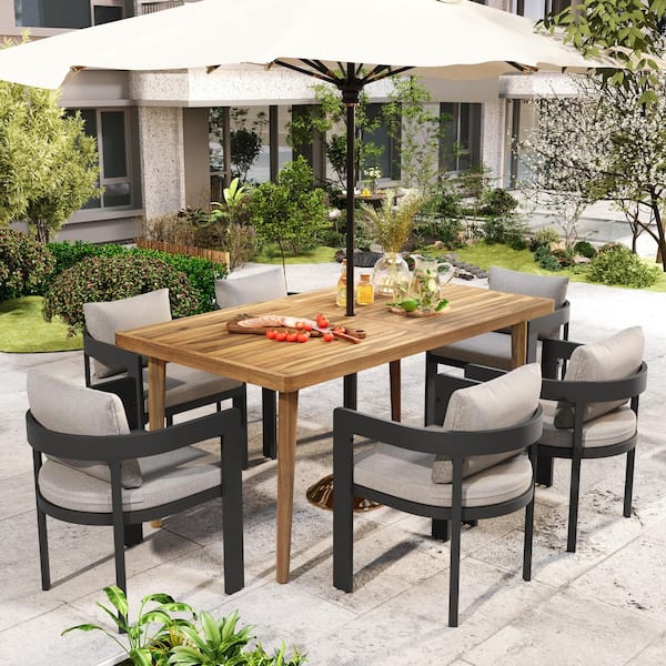Calistae 7-Piece Dark Gray Aluminum Patio Outdoor Dining Set with Beige Cushions, Teak Finish Solid Wood Table