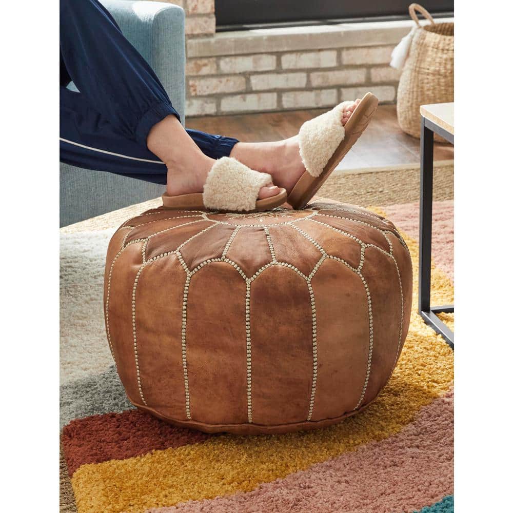 Modern Hand-Stitched Brown Leather Moroccan Pouf, 14" H x 20" W