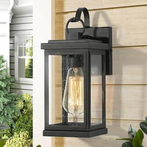 Modern Matte Black 1-Light Outdoor Wall Light Classic Porch Sconce with Seeded Glass Shade Patios Exterior Wall Lamp