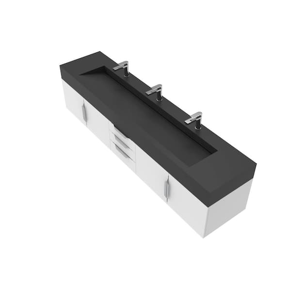 castellousa 84 in. W x 18.9 in. D x 20.38 in. H Single Sink Bath Vanity in White in Brushed Nickel Trim with Solid Surface Black Top