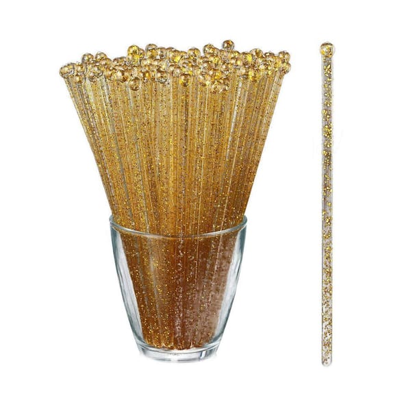 Gold Glitter Clear Gold Family Disposable Plastic Swizzle Sticks Cake Pops Cocktail Drink Stirrers (50 Per Case)