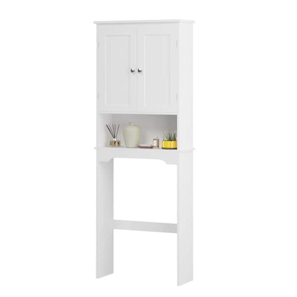 Freestanding Toilet Paper Holder Bathroom White Wooden Space Saver Cabinet with Shelf Organizer Design