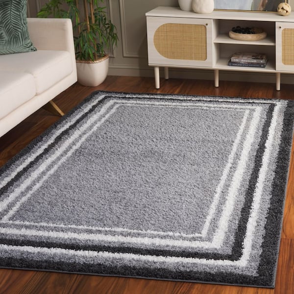 Border and Stripe Shag 5 ft. x 8 ft. Gray/Black Concentric Border Area Rug