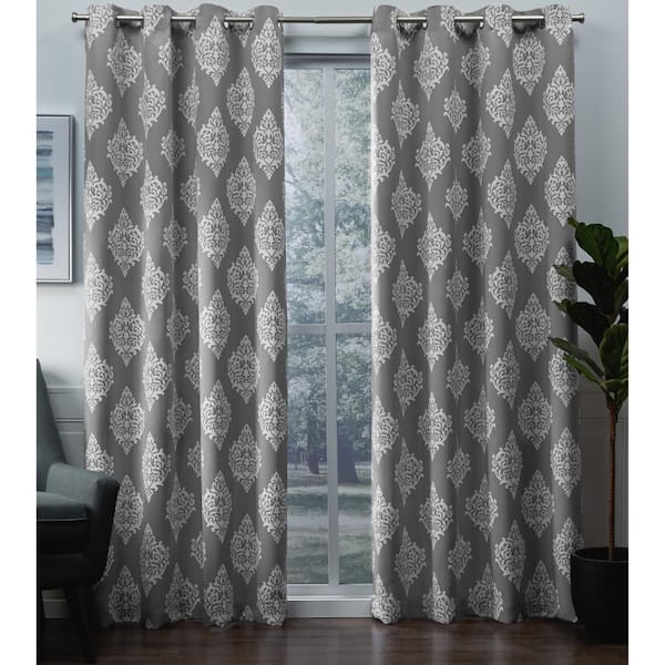 EXCLUSIVE HOME Medallion Silver Medallion Woven Room Darkening Grommet Top Curtain, 52 in. W x 96 in. L (Set of 2)