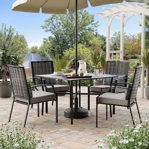 Sintra 5-Piece Metal Square Outdoor Dining Set And Arm Chairs with Gray Cushions
