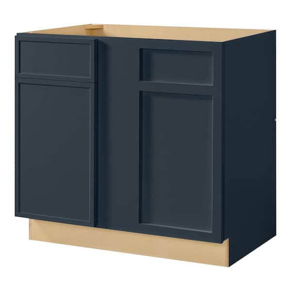 Hampton Bay Leyton 36 in. W x 24 in. D x 34.5 in. H Ready to Assemble Plywood Slim Shaker Corner Blind Kitchen Cabinet in Ink Blue