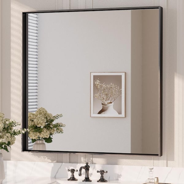 KeonJinn 36 in. W x 36 in. H Rectangular Framed Aluminum Square Corner Wall Mount Bathroom Vanity Mirror in Matte Black