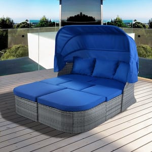 Gray Wicker Outdoor Day Bed Sunbed Furniture Sofa Set with Blue Cushion, Retractable Canopy