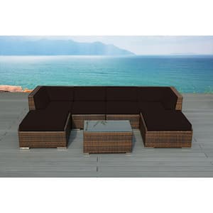 Ohana Mixed Brown 7-Piece Wicker Patio Seating Set with Sunbrella Bay Brown Cushions