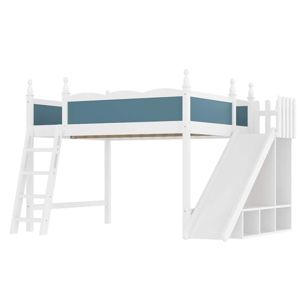 White and Blue Queen Wood Loft Bed with Detachable Slide,Storage Shelves and Wardrobe price history on PriceWatchPro
