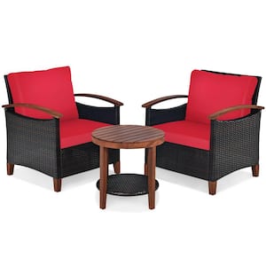 3-Piece Wicker Patio Conversation Set with Red Cushions and 2-Tier Round Acacia Wood Table