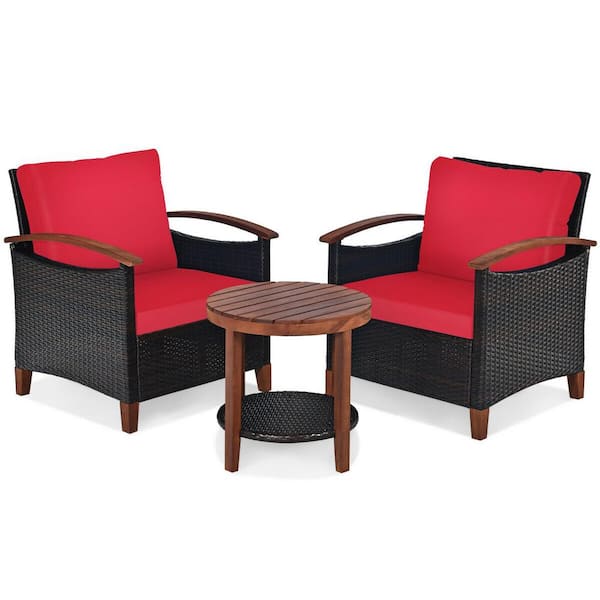 FORCLOVER 3-Piece Wicker Patio Conversation Set with Red Cushions and 2-Tier Round Acacia Wood Table