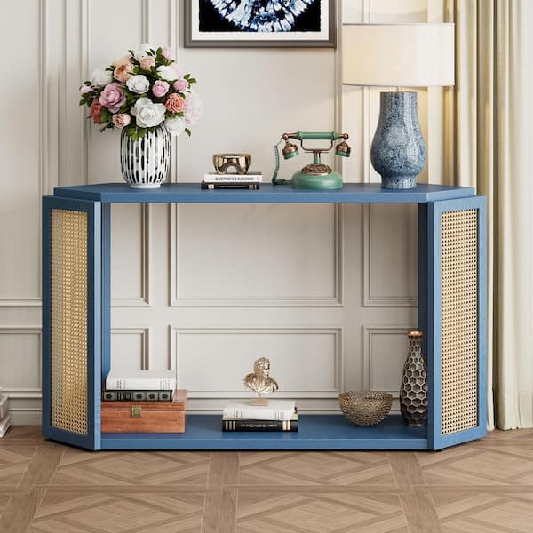 Harper & Bright Designs 53.54 in. Antique Blue Hexagon MDF Console Table with Open Shelf and Four-sided Rattan Decoration for Living Room