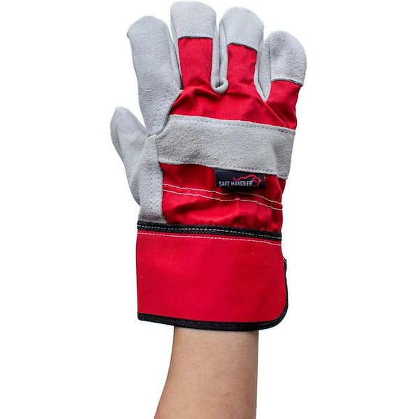 BISON LIFE Gray/Red, Deluxe Single Palm Split Leather Work Gloves