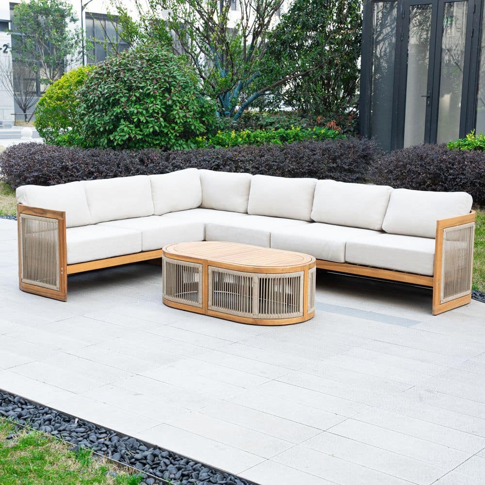 Brown 5-Piece Acacia Wood Patio Conversation Set with Beige Cushions