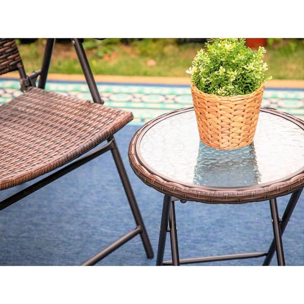 PHI VILLA Outdoor Side Tables-Foldable Patio Rattan Table with Tempered Glass Table Top and High-Strength Thickened Iron Pipe Bracket for Patio Outdoor Sofa and Chair in Garden,2 Pack 