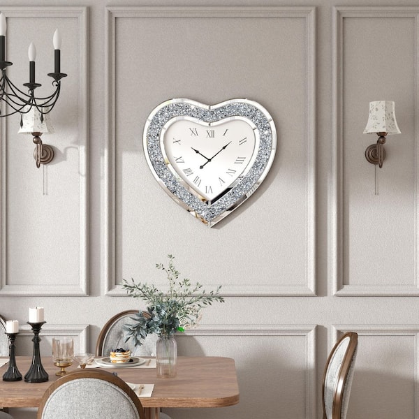 THKSHOUZ 24 in. Modern Silver Analog Glass Decorative Heart Wall