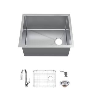 All-in-One Tight Radius Undermount 18G Stainless Steel 23 in. Single Bowl Kitchen Sink, Offset Drain, Pull-Down Faucet