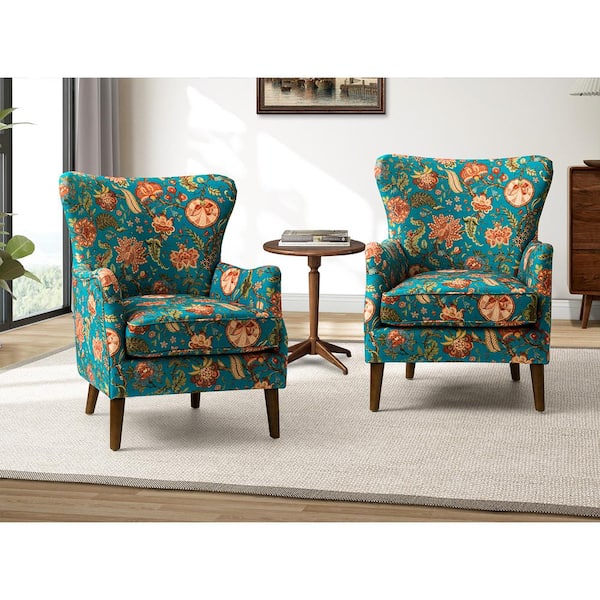 JAYDEN CREATION Leonhard Teal Floral Fabric Pattern Wingback