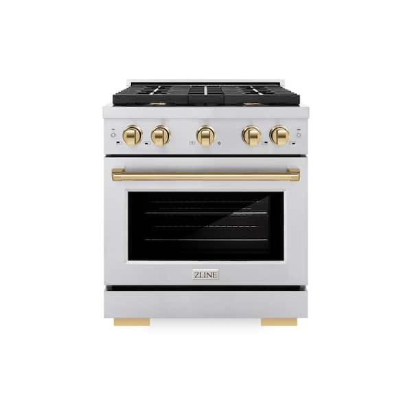 ZLINE Kitchen and Bath Autograph Edition 30 in. 4-Burner Freestanding Gas Range and Convection Oven in Stainless Steel and Polished Gold
