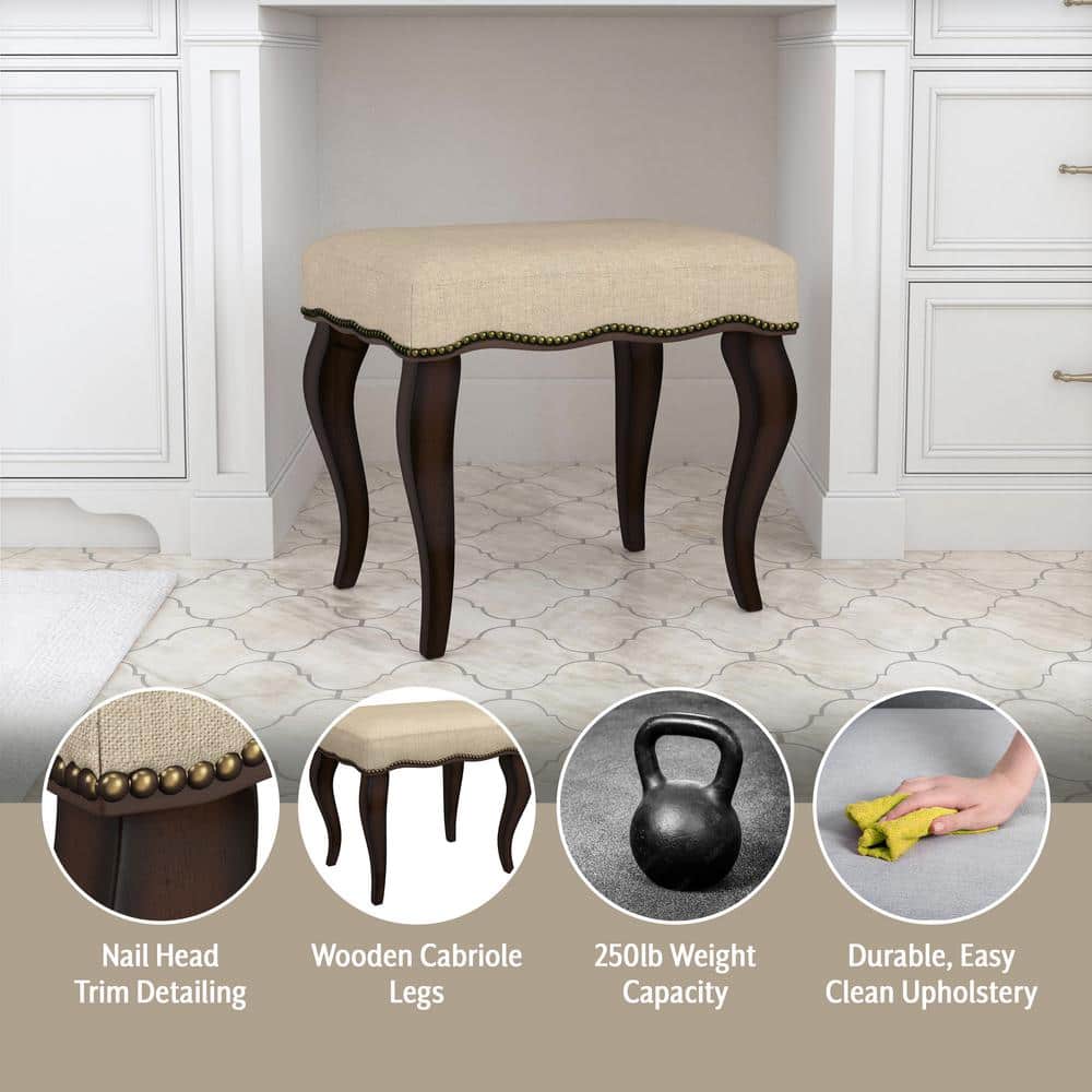 19" Burnished Oak and Cream Upholstered Backless Vanity Stool