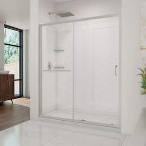 Infinity-Z 32 in. x 60 in. Semi-Frameless Sliding Shower Door in Brushed Nickel with Center Drain Base and BackWalls