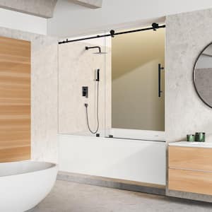 Lazaro 60 in. W x 58 in. H Sliding Frameless Tub Door in Matte Black Finish with Clear Glass