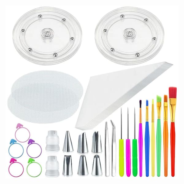 Acrylic Plastic Silicone Multicolor Cookie Decorating Kit with Turntable Brushes Scribe Needle Piping Bags 56 Pieces