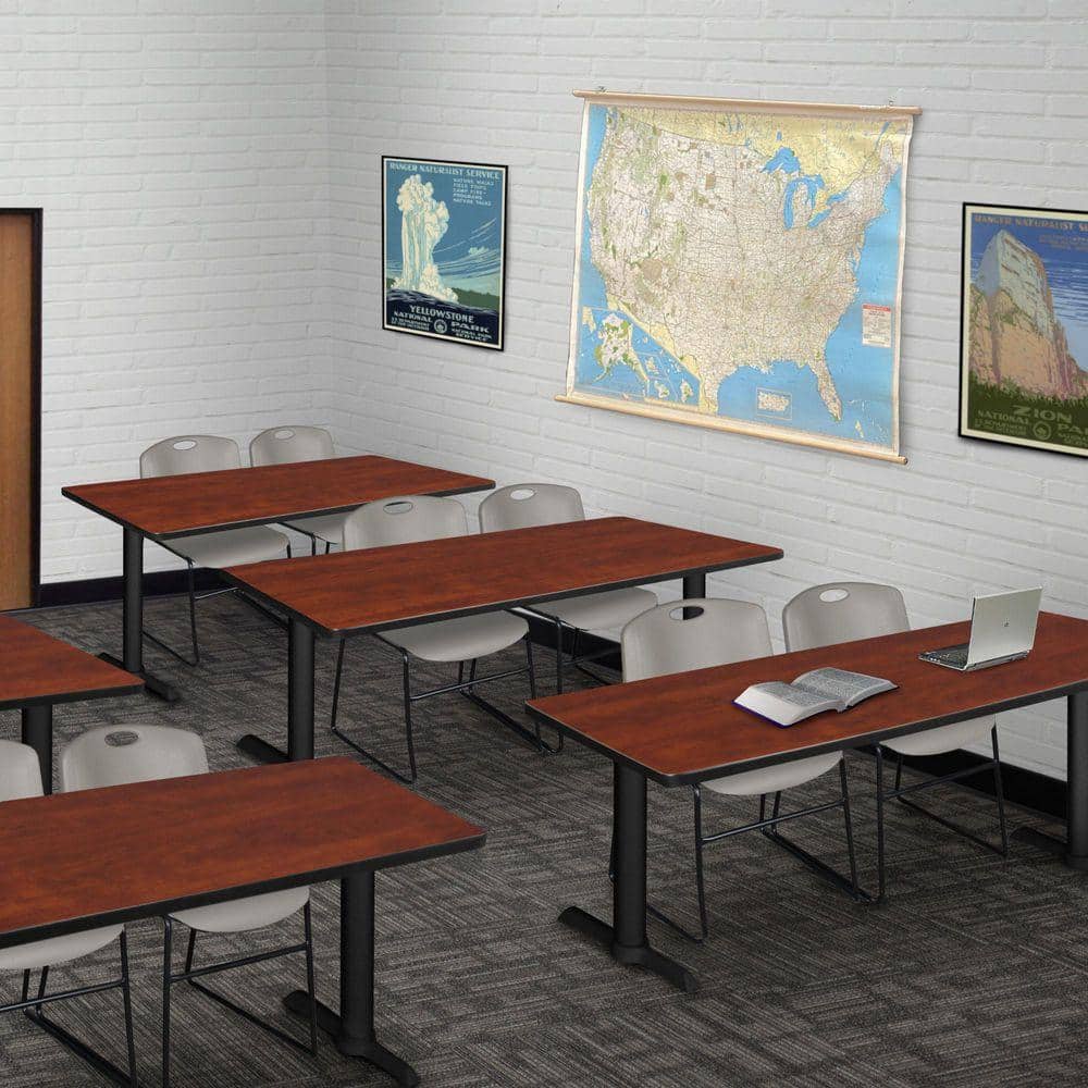 Cain 60 in. x 24 in. Cherry T-Base Training Seminar Table Desk and 2 Zeng Stack Chairs-Grey