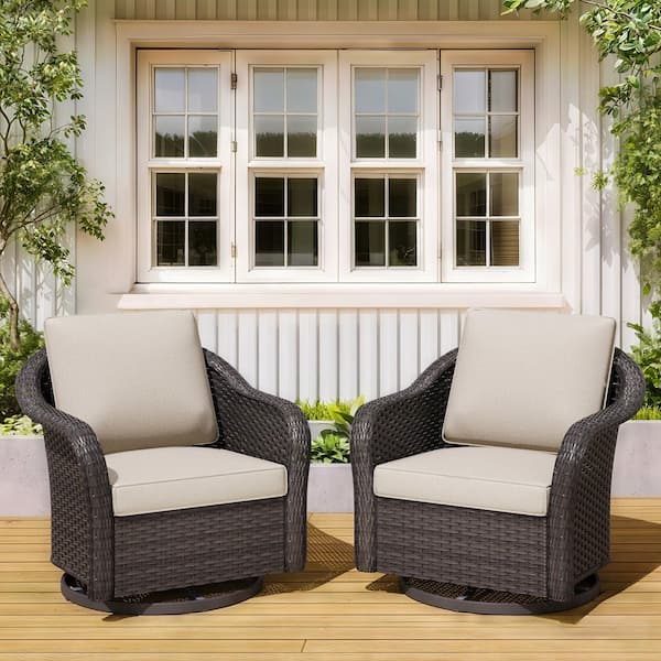 2-Pack Wicker Outdoor Swivel Rocking Lounge Chairs with Beige Cushions