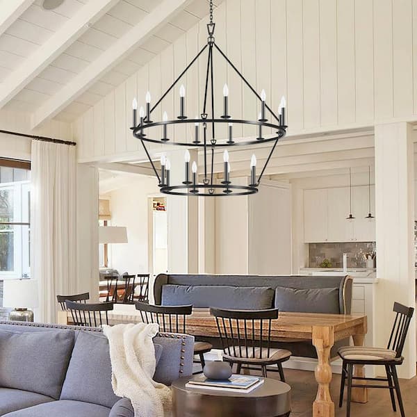 20-Light 40 in. Matte Black 2-Tier Wagon Wheel Chandelier