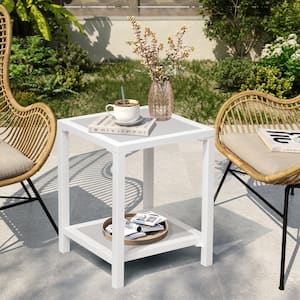 Patio Aluminum Frame PVC-Resin Material Tabletop Double Layer Outdoor Side Table in White