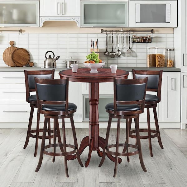 5-Piece 30 in. Round Wood Top Bar Table and 4-Piece Swivel Bar Stools Bar Table Set