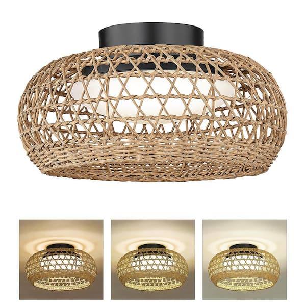 JAZAVA 11.8 in. 12-Watt Modern Black Integrated LED Flush Mount Acrylic with Hand-Woven Boho Shade