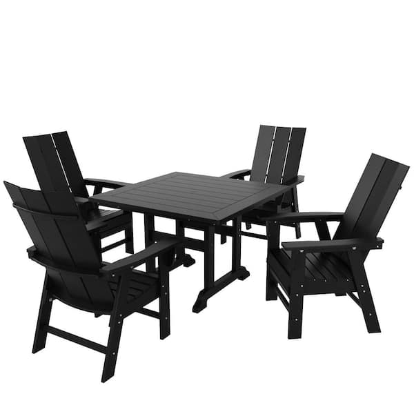 WESTIN OUTDOOR Shoreside Outdoor Patio Weather Resistant Adirondack Black 5-Piece HDPE Plastic Square Table Dining Set