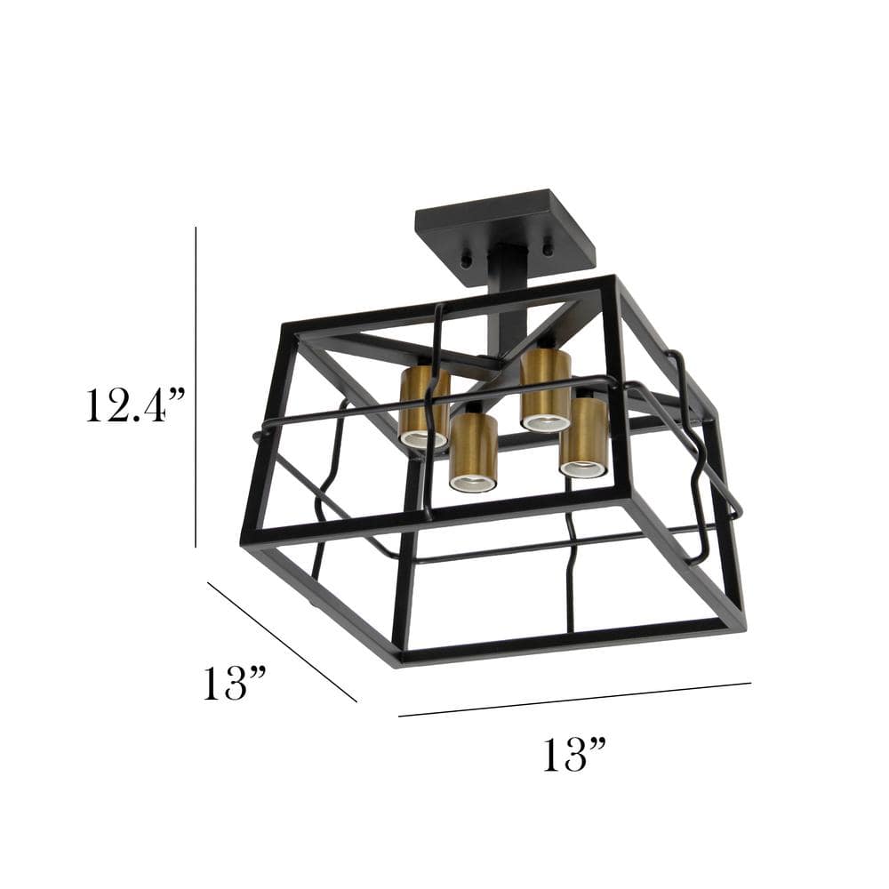 Industrial Black Metal Square Semi Flush Mount Ceiling Fixture with LED Lights