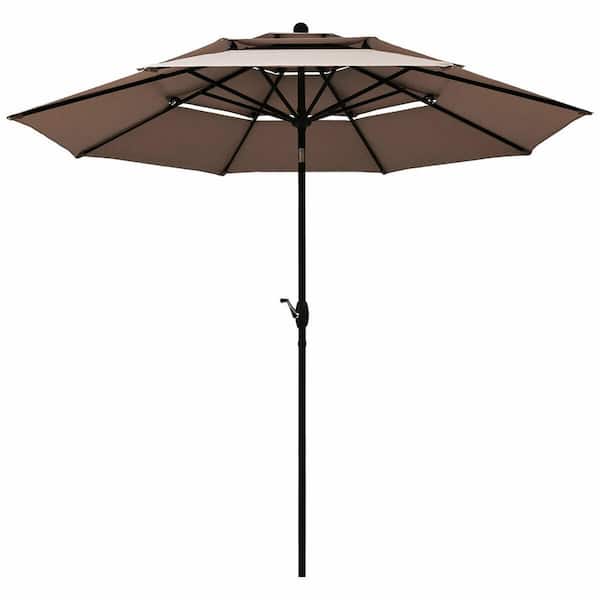 FORCLOVER 10 ft. 3 Tier Patio Umbrella Aluminum Sunshade Shelter Double Vented without Base in Tan