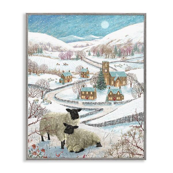 Stupell Industries Sheep on Wintery Hill by Pip Wilson 1 Piece Framed Graphic Print Animal Poster Art Print 30 in. x 24 in.
