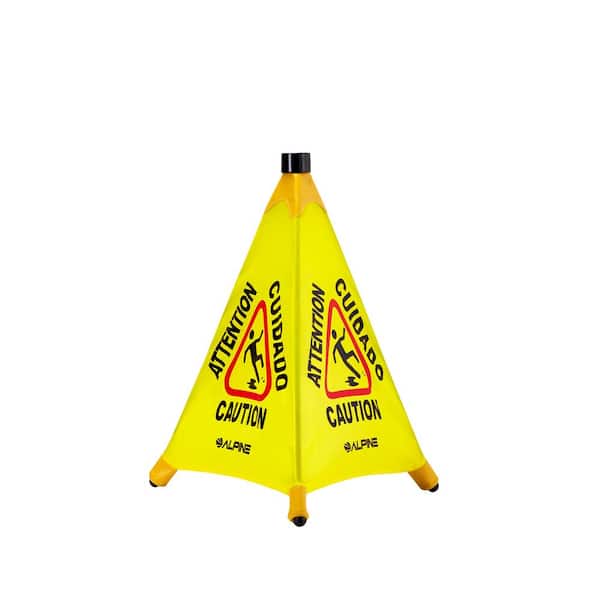 20 in. Foldable Yellow Multi-Lingual Pop-Up Caution Wet Floor Sign Safety Cone with Wall Mount Cover