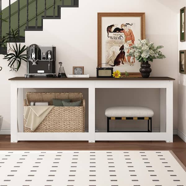 FUFU&GAGA 83.9 in. W Walnut and White Rectangle Wooden No Drawer Computer Desk, Writing Desk with Long Table Top