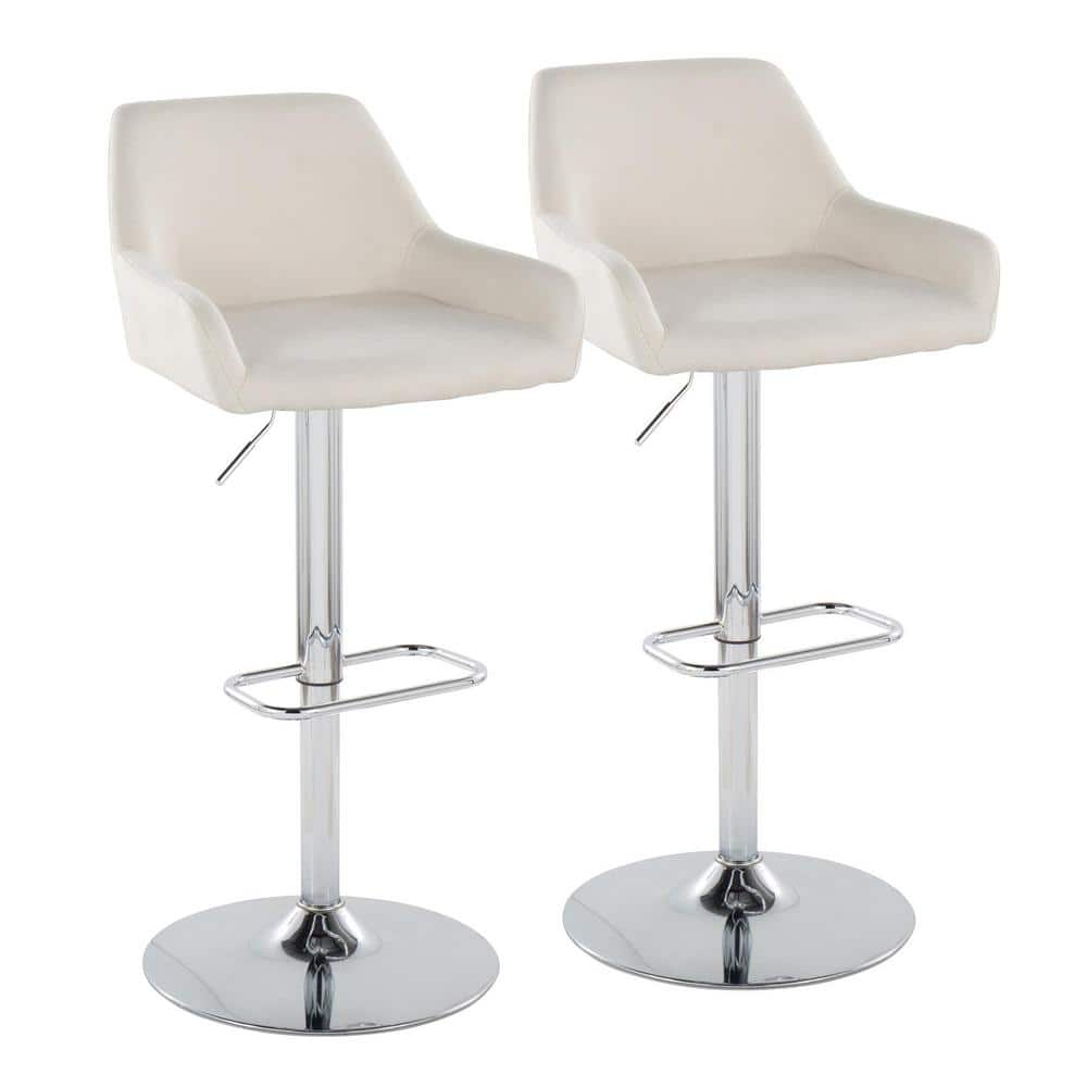 Adjustable White Upholstered Swivel Bar Stool with Chrome Base