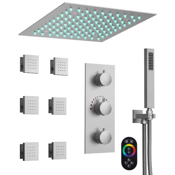 Full Spectrum LED 12 in. Triple Handle 5-Spray Ceiling Mount Shower Faucet 2.5 GPM with High Pressure in Brushed Nickel