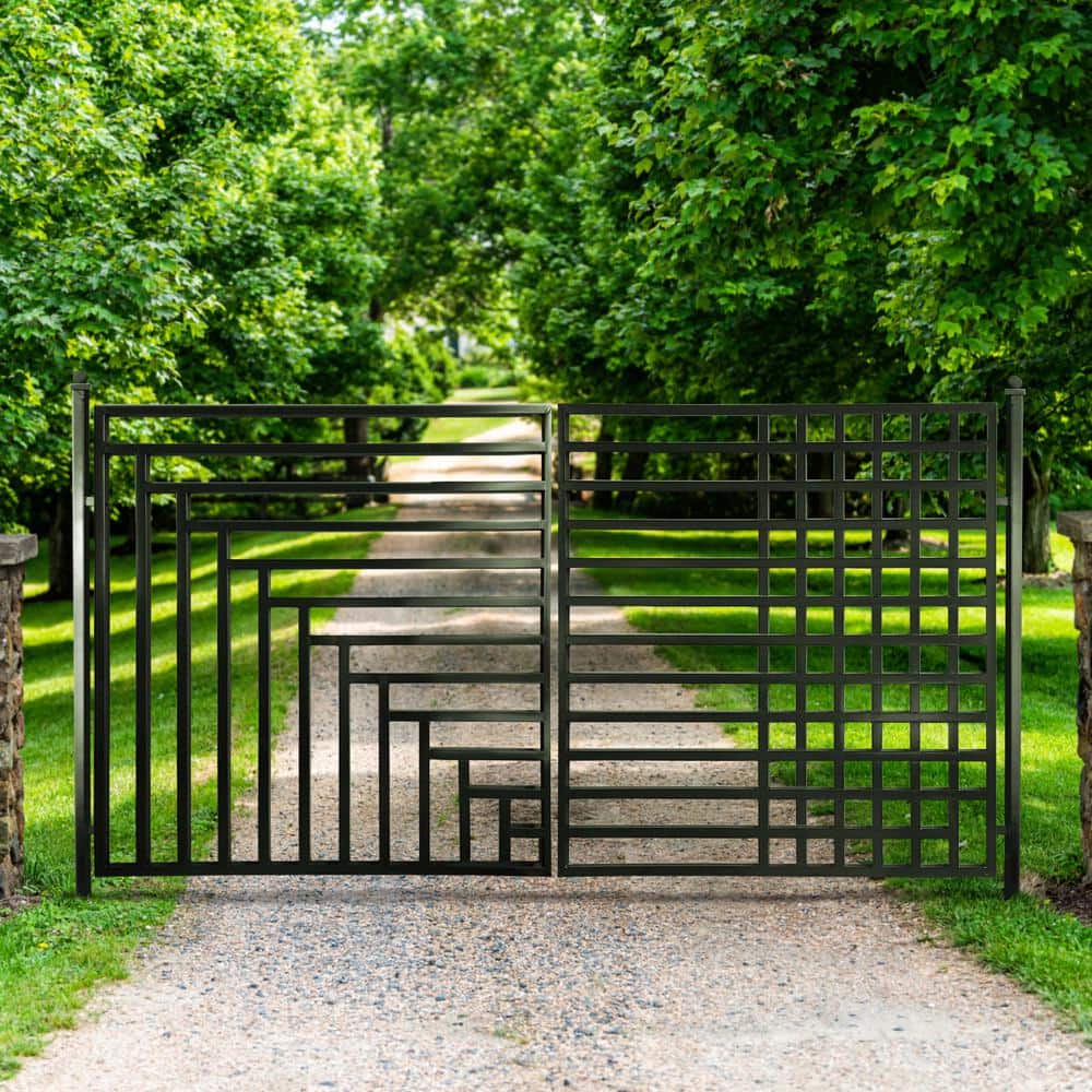 Kyiv Style 14 x 6 ft Black Steel Dual Swing Driveway Gate with Opener