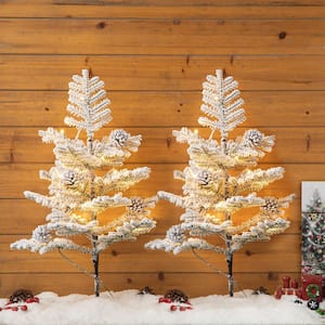 2-Pack 2 ft. Pre-Lit Upward Wrapped Flocked Pine Artificial Christmas Greenery Table Tree With 20 Warm White Lights
