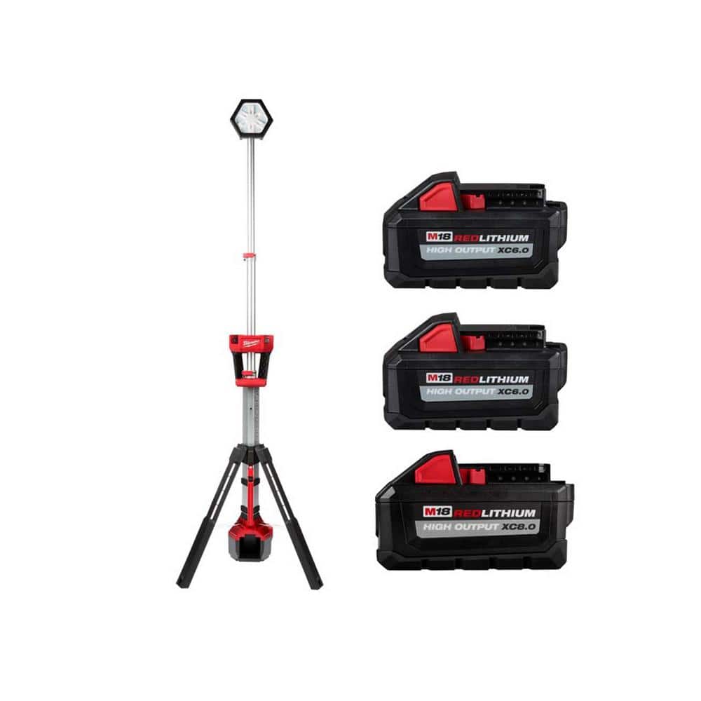 Milwaukee M18 18V Lithium-Ion Cordless Rocket Dual Power Tower Light w/(2)  High Output 6.0 Ah Batteries and (1) 8.0 Ah Battery  2131-20-48-11-1880-48-11-1862 The Home Depot