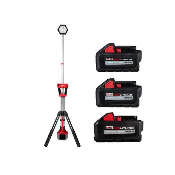 Milwaukee M18 18V Lithium-Ion Cordless Rocket Dual Power Tower Light w/(2) High Output 6.0 Ah Batteries and (1) 8.0 Ah Battery