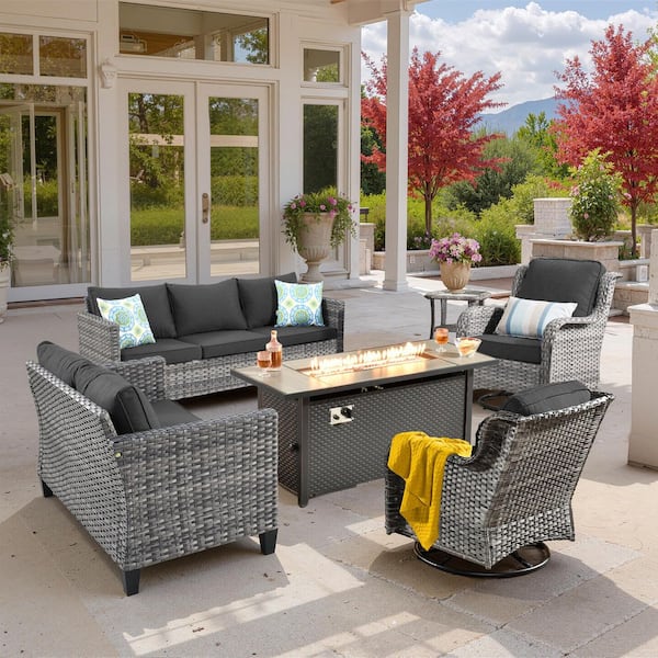 Muse 6-Pieces Wicker Outdoor Patio 54 in. Rectangular Fire Pit Set and Swivel Rocking Chairs with Black Cushions